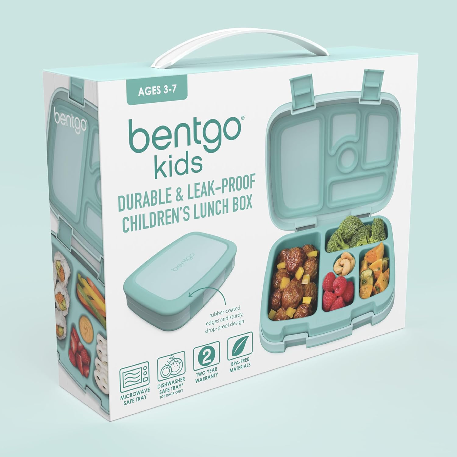 Bentgo Kids Bento-Style 5-Compartment Leak-Proof Lunch Box - Ideal Portion Sizes for Ages 3 to 7 - Durable, Drop-Proof, Dishwasher Safe, PFAS & BPA-Free & Made with Food-Safe Materials (Seafoam) - Image 8