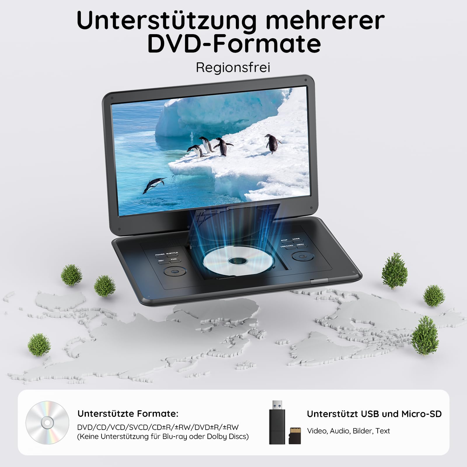 17,5 Zoll Tragbarer Fernseher mit Integriertem DVD-Player, Digitalem DVB-T2-Tuner, Akku, HDMI-Eingang, FM-Radio, USB-Anschluss, SD-Kartensteckplatz und AV-Ausgang