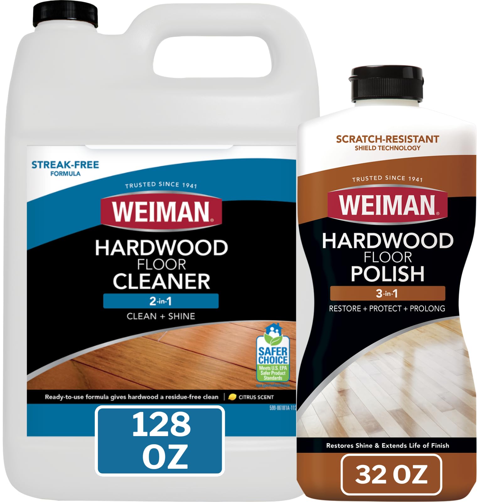 Hardwood Floor Cleaner and Polish - 128 Ounce Cleaner and 32 Ounce Polish - High-Traffic Hardwood Floor, Natural Shine, Removes Scratches, Leaves Protective Layer - Packaging May Vary