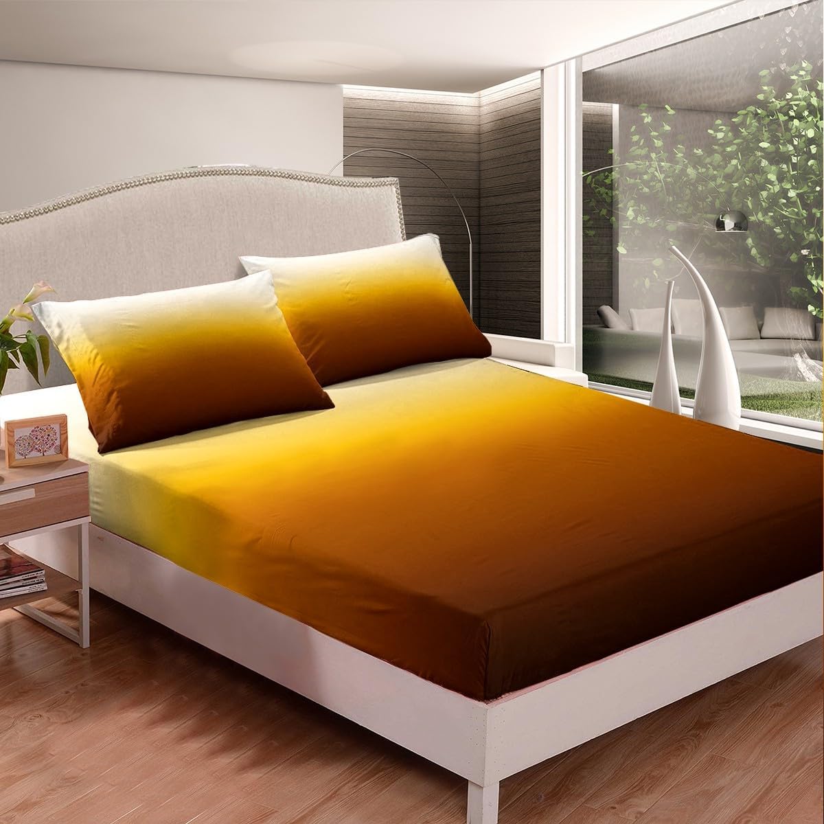 Yellow Orange Ombre Bedding Set Full Brown Gradient Fitted Sheet Modern Abstract Art Bed Sheets Bedroom Decor Gift, Farmhouse Theme Sheets for Kids Boys Girls Women Men, 1 Fitted Sheet 2 Pillowcases