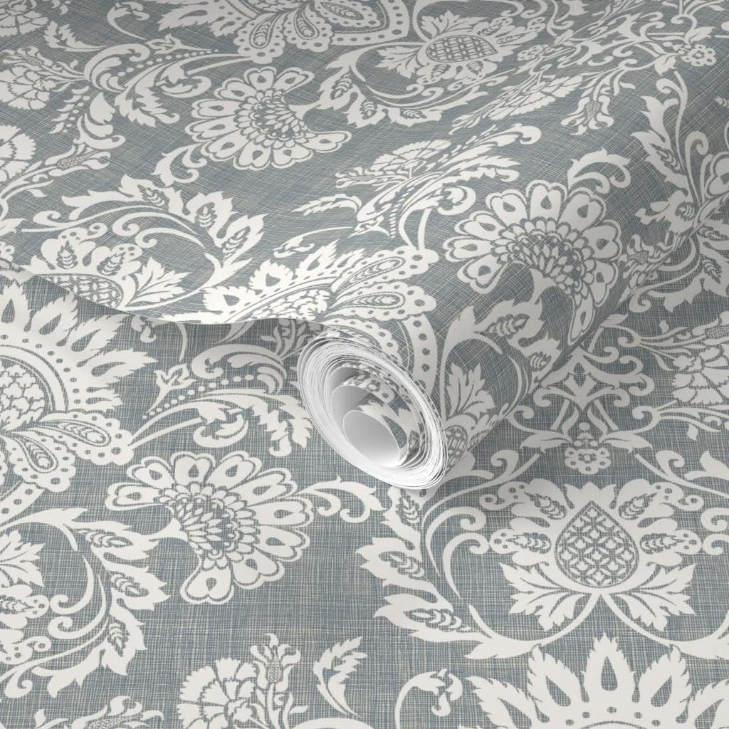 Removable Wallpaper 3ft x 2ft - White Flower Damask Leaves Modern Gray Monochrome Floral Grey Neutral Custom Pre-Pasted Wallpaper by Spoonflower