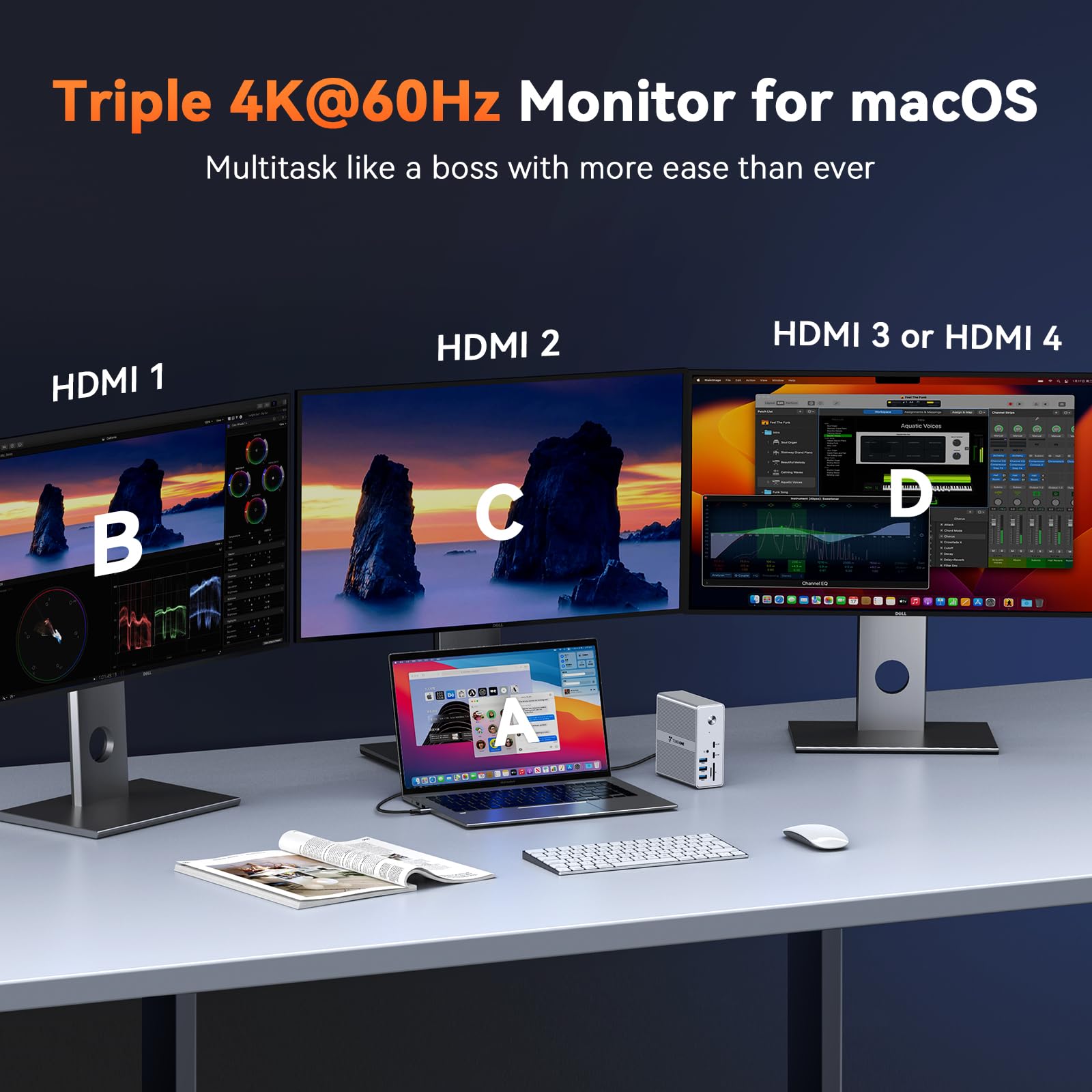 TobenONE Stacja dokująca DisplayLink 4 Monitor z 4 HDMI, 18 w 1 Quad/Triple 4K przy 60 Hz z zasilaczem 120 W do Thunderbolt 5/4/3, USB4, USB-C Windows, MacBooka (8 USB, Ethernet itp.)