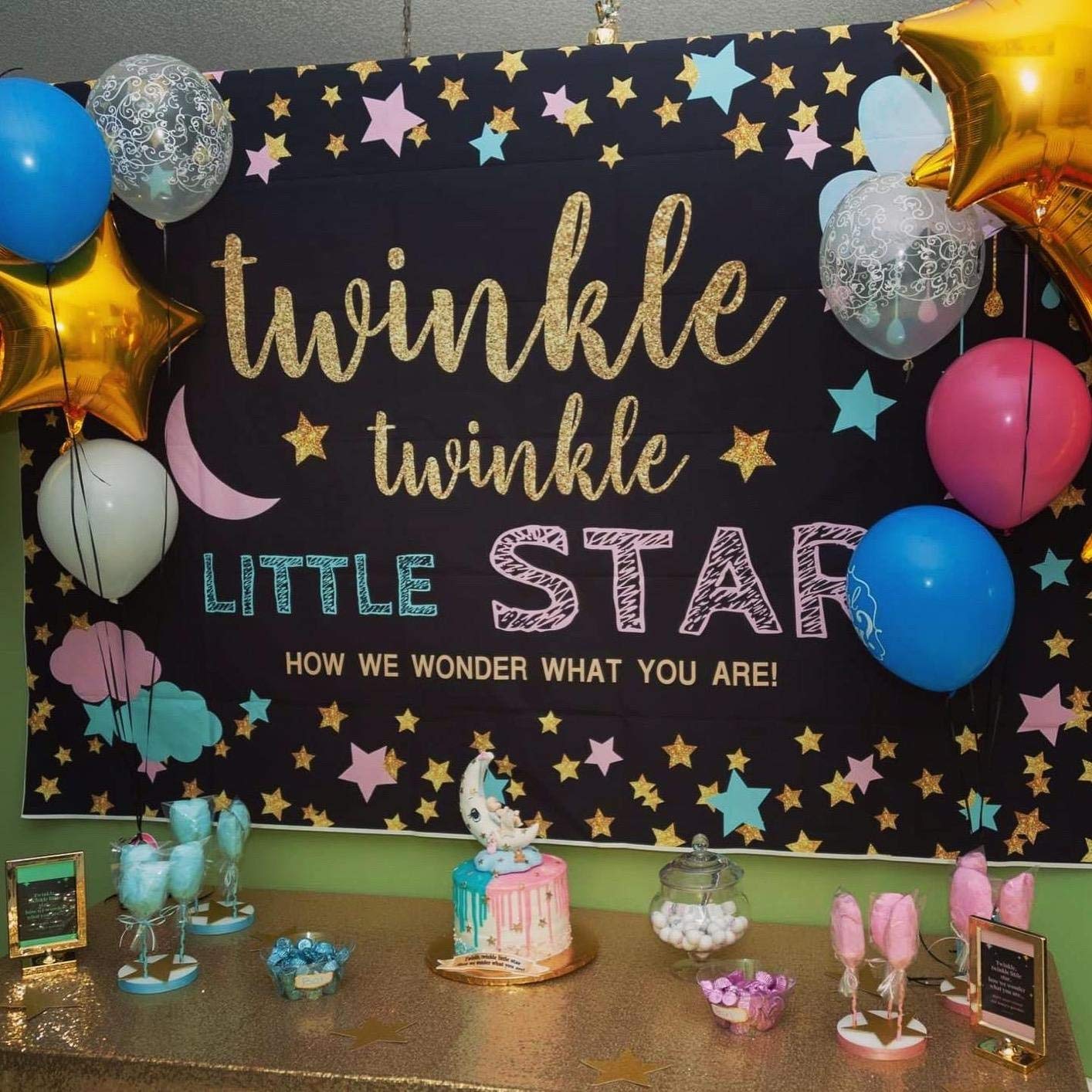 Mocsicka Twinkle Star Gender Reveal Decoration, Boy or Girl Gender Reveal Backdrop, 5x3ft Vinyl Twinkle Twinkle Little Star Banner Supplies(Black,5x3ft)