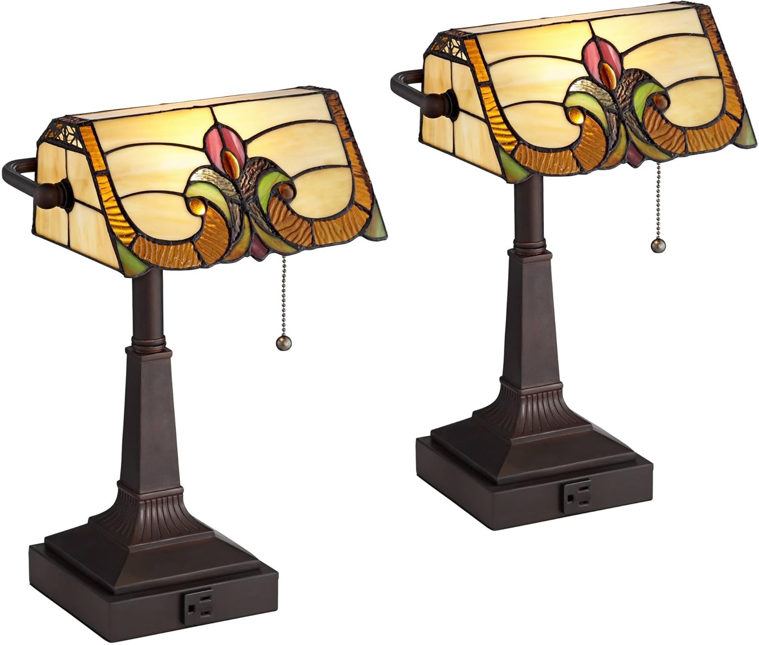 Robert Louis Tiffany Fleura 17" High Small Rustic Traditional Banker Desk Lamps Set of 2 Brown Bronze Finish Metal Shade Home Office Living Room Bedroom Bedside Nightstand House Reading Kitchen