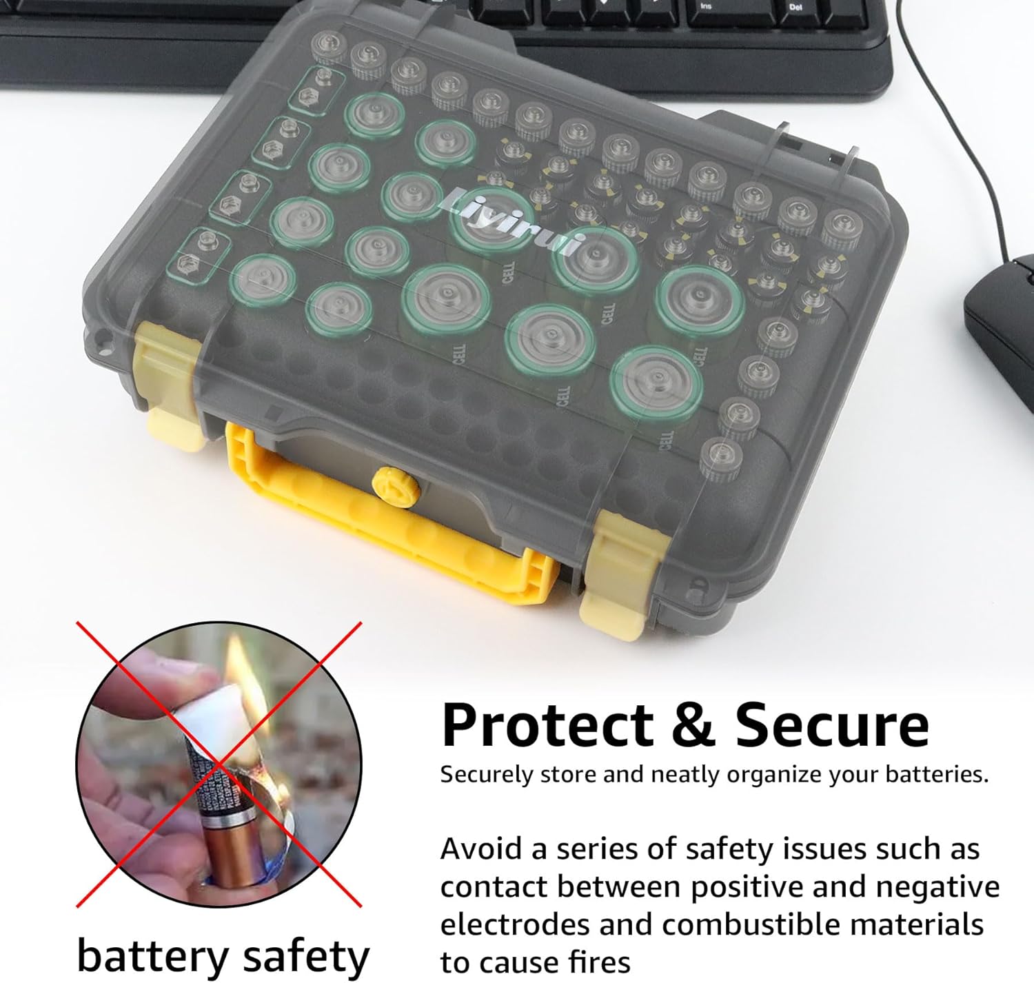 Battery Organizer Storage Case Protects Up to 70 Batteries, Waterproof Hard Case,Holds AA AAA C D and More, Black,[Battery Not Included]