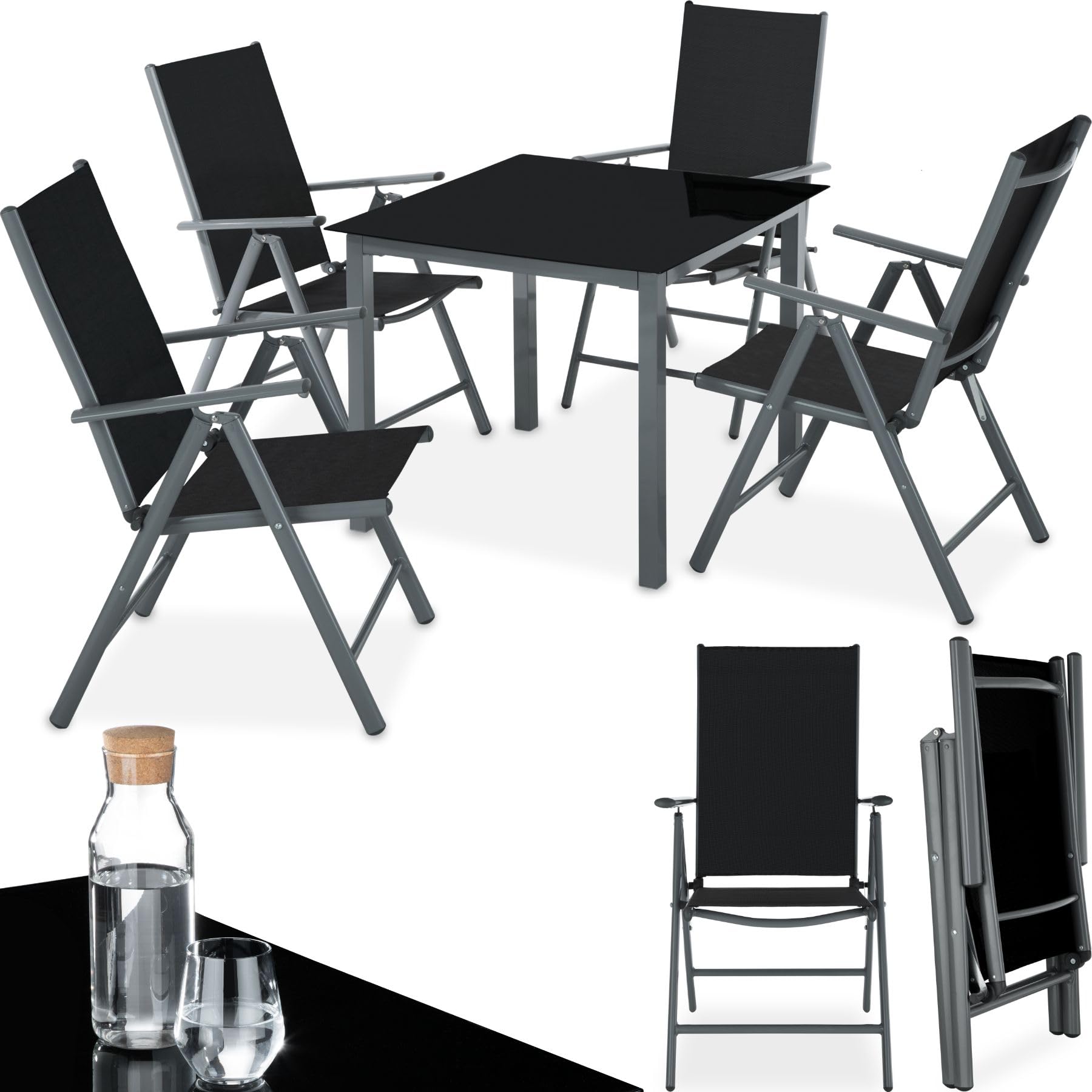 TecTake® Conjunto Muebles Jardín Exterior 5 Piezas, Estructura de Acero, Mesa y Sillas Terraza Impermeables y Resistentes a Intemperie, Sillas Plegables y Reclinables, Tela Transpirable - Antracita
