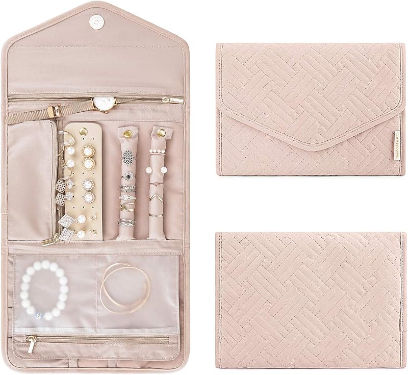 BAGSMART Organizador de joyas de viaje, estuche plegable para joyas, rosa suave | Joyero de viaje para anillos de viaje, organizador de collares sin enredos, pulseras, pendientes, plegable