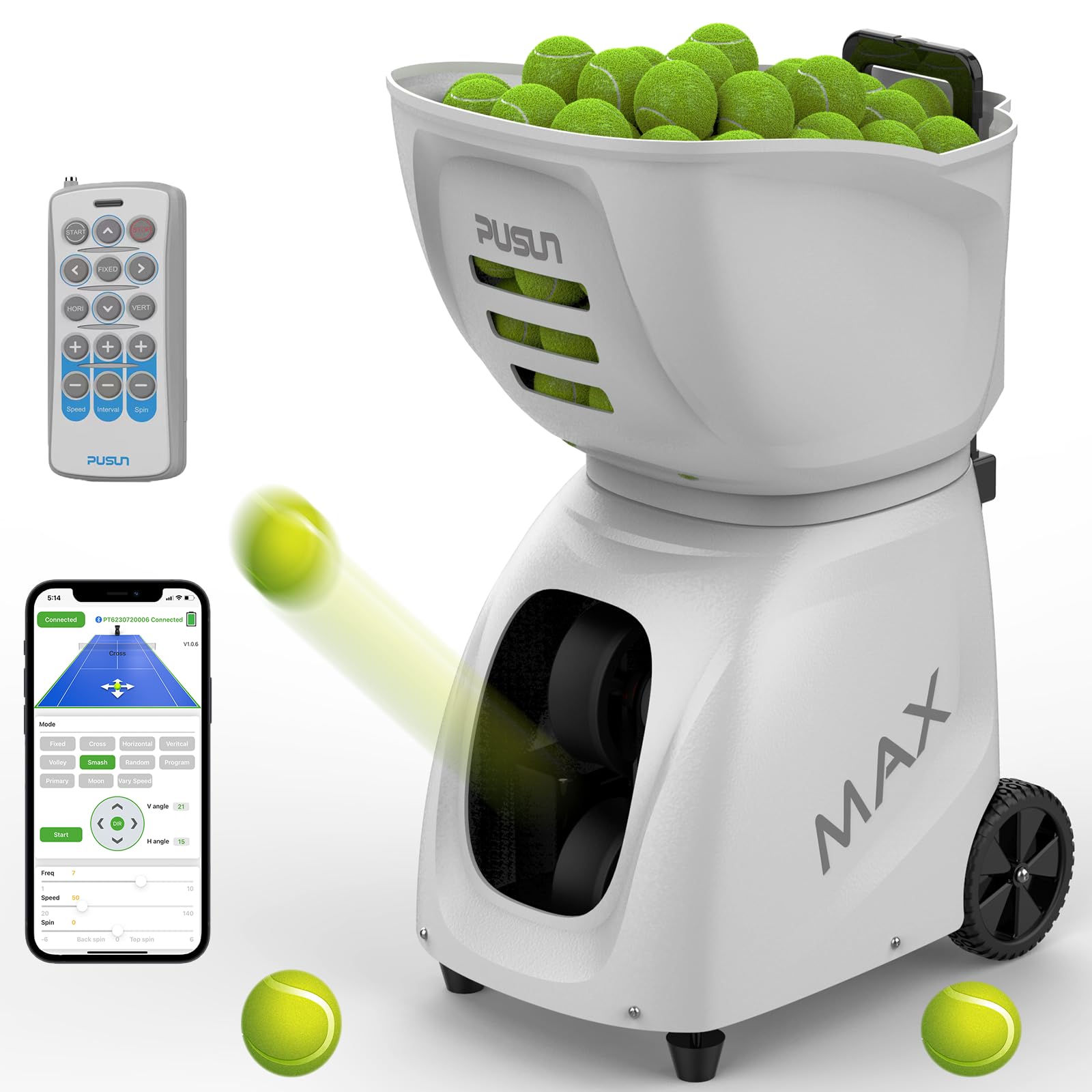 PUSUN PT-Max C Máquina de pelotas de tenis entrenamiento profesional compatible app control remoto 145 pelotas múltiples modos