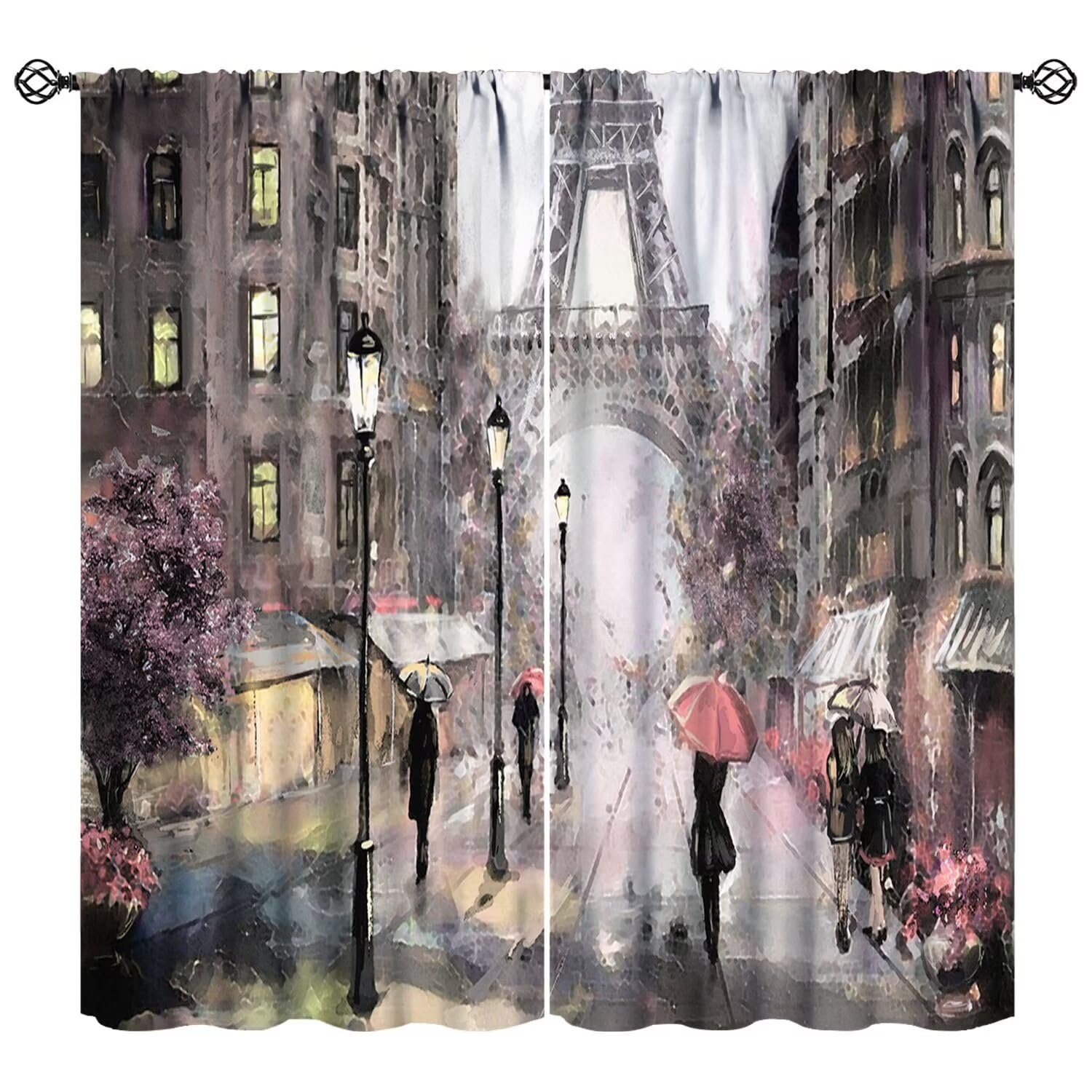 JADERYS Eiffel Tower Blackout Curtains Vintage Romantic Oil Painting Girl Walk On Rainy France Street Pink for Girls Women Bedroom Living Room Rod