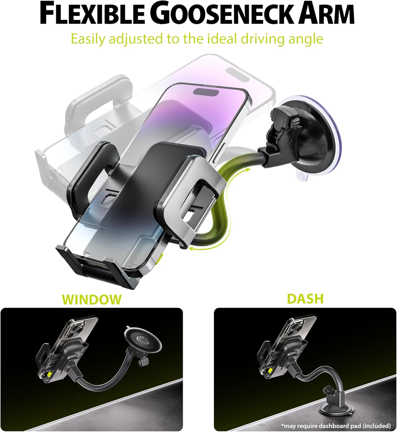 Flexible gooseneck arm adjusting the phone mount for optimal viewing on a window or dashboard.