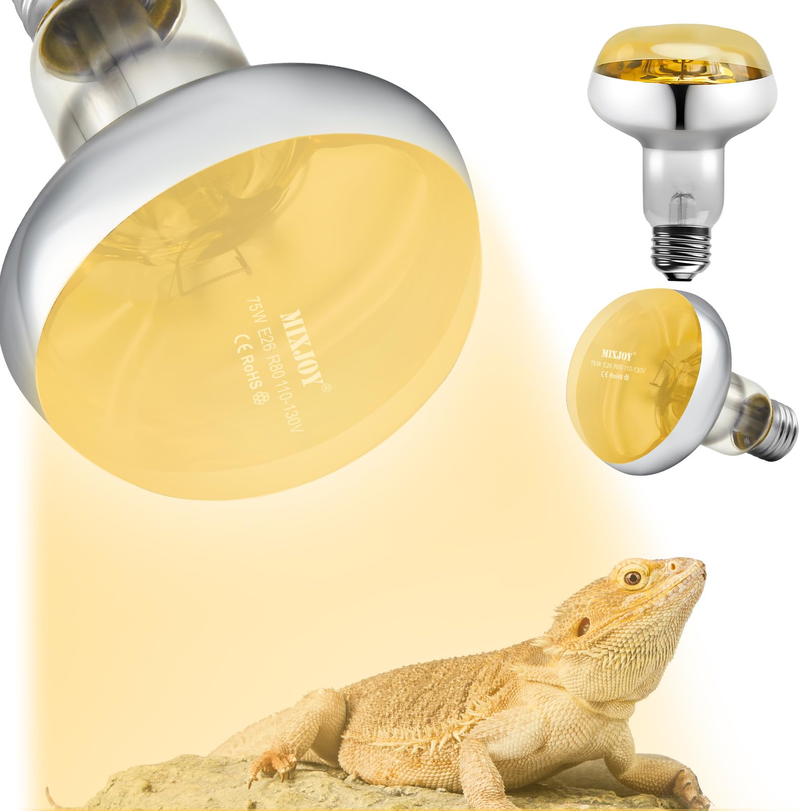MIXJOY 2Pack 75W Reptile Heat Lamp Bulbs, Upgraded Golden Glass 60% Intense Heat Bulb UVA Daylight Basking Spot Light Bulb for Reptiles, Turtle, Lizard, Tortoise, Bearded Dragon, Gecko, Chicken
