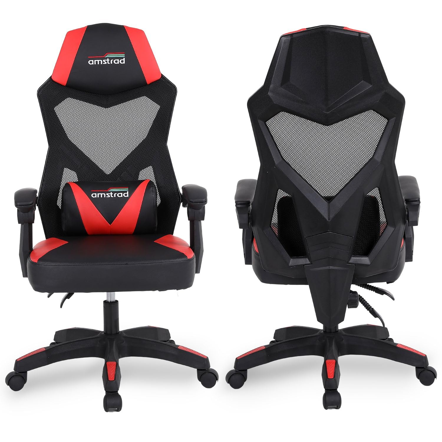 Sedia Gaming 02-RED, Rete Traspirante, Schienale Reclinabile 135°, Cuscino Lombare, Nero e Rosso