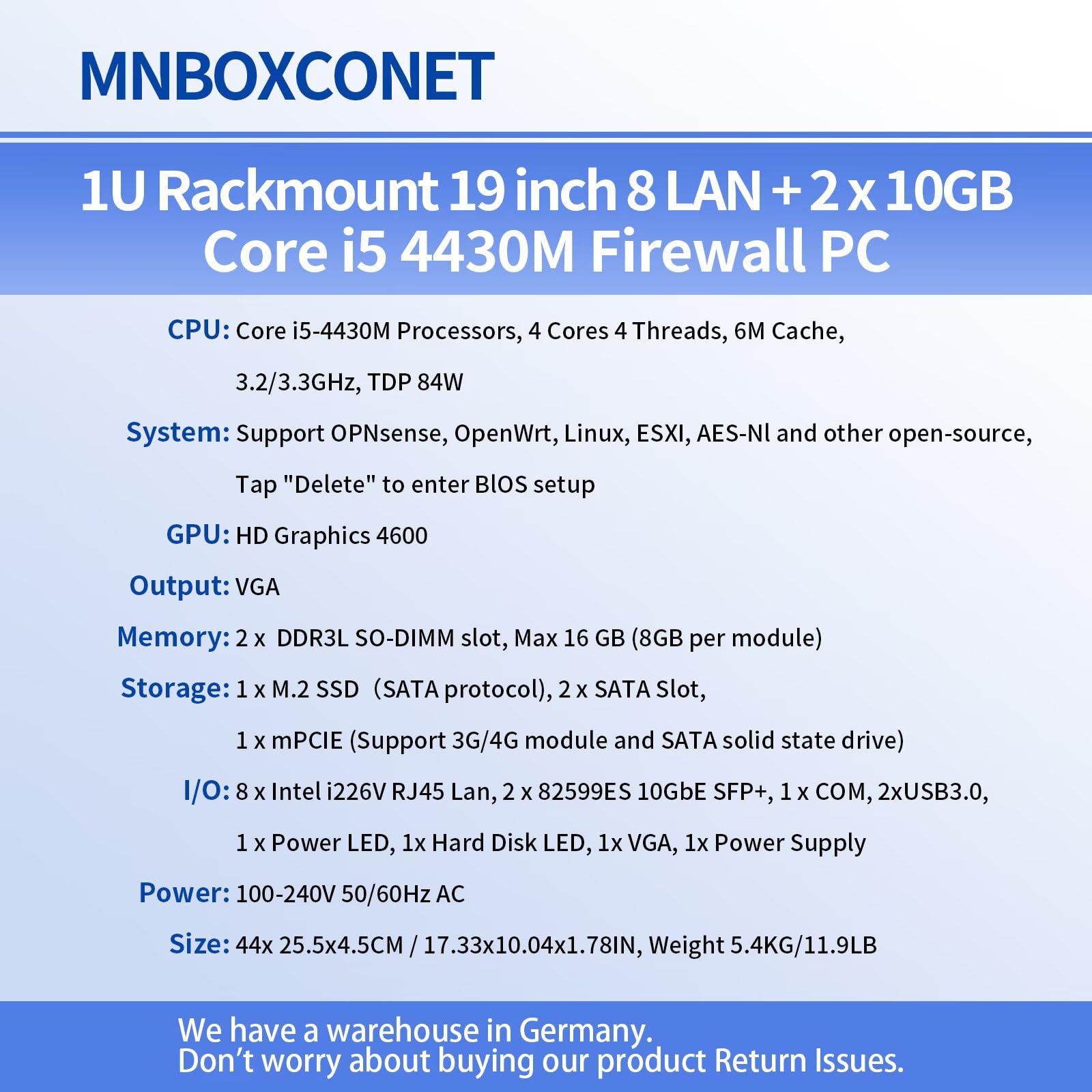 1U Firewall Appliance Rackmount Core i5 4300M,2 x 10GB SPF+ LAN, 8 i226-V 2.5GbE Port, DDR3L 16GB RAM 256GB SSD, 19" Z87 Network Firewall Hardware Server PC, OPNSense, AES-NI
