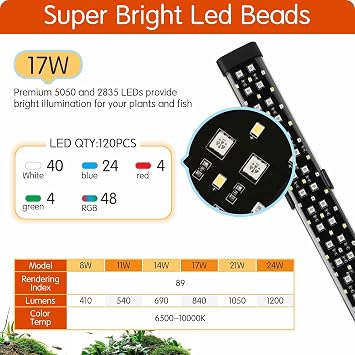 Hygger Submersible LED Light, Full Spectrum 24/7 Mode with 9 Colors, 17W Adjustable Timer Brightness for 51-89cm Planted and Freshwater Aquariums