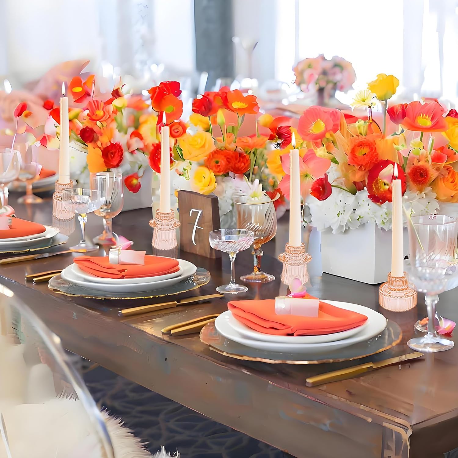 Double Sided Vintage Ribbed Taper Glass Candle Holders,Tea Candle Holder for Table Centerpieces, Wedding Decorations and Dinner Parties (Orange Pink, 3 PCS) - Image 4