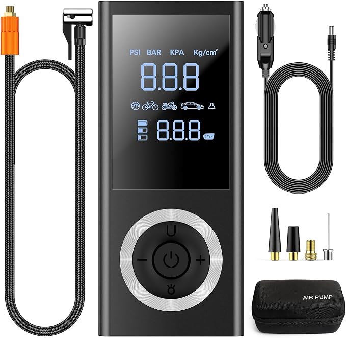 Image showing all items included in the package laid out, including the inflator, adapters, cables, and storage bag.
