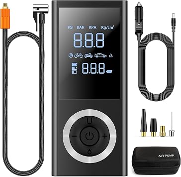 Tire Inflator Portable Air Compressor, Cordless Air Pump For Car Tires with Digital Pressure Gauge, LED Light,12V Car Power Adapter, Storage Box