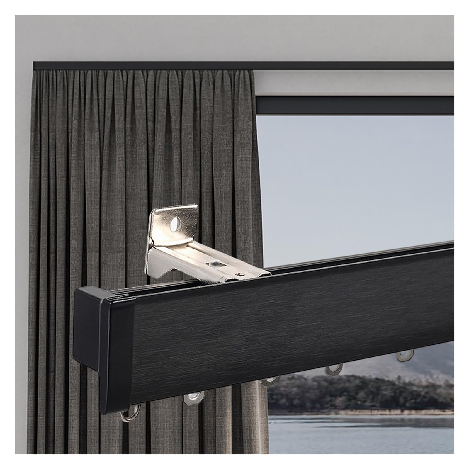 Black Window Cornice Valance Box, Extra Long Blackout Cornice Boards for Windows, Wall/Ceiling Mount Aluminum Alloy Curtain Pelmet Rails(Single-Wall Mount,84in/213.4cm)