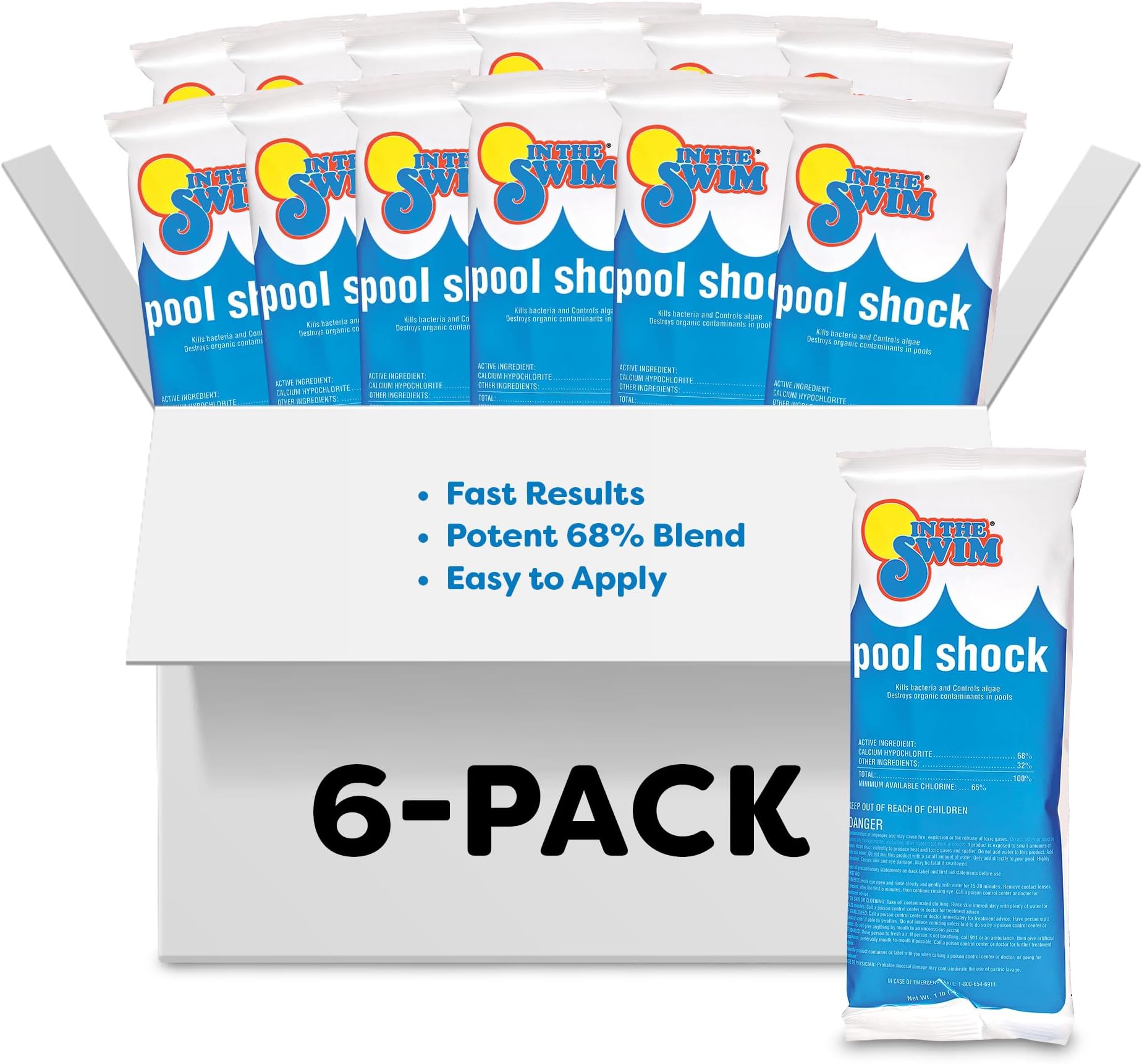 - In The Swim Pool Shock – 68% Cal-Hypo Granular Sanitizer for Crystal Clear Water – Defends Against Bacteria, Algae, and Microorganisms - 6 X 1 Pound