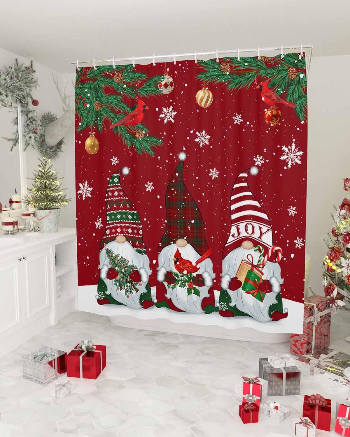 Christmas Shower Curtains for Bathroom Gnome Fabric Shower