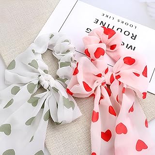 توك أستك للشعر - ربطات شعر بتصميم طباعة قلوب بلون خوخي، بشريط طويل من الساتان على شكل فيونكة، سكارفات وتوك شعر للنساء والبنات المهتمات بالموضة، اكسسوارات للشعر (2 قطعة باللون الموضح)