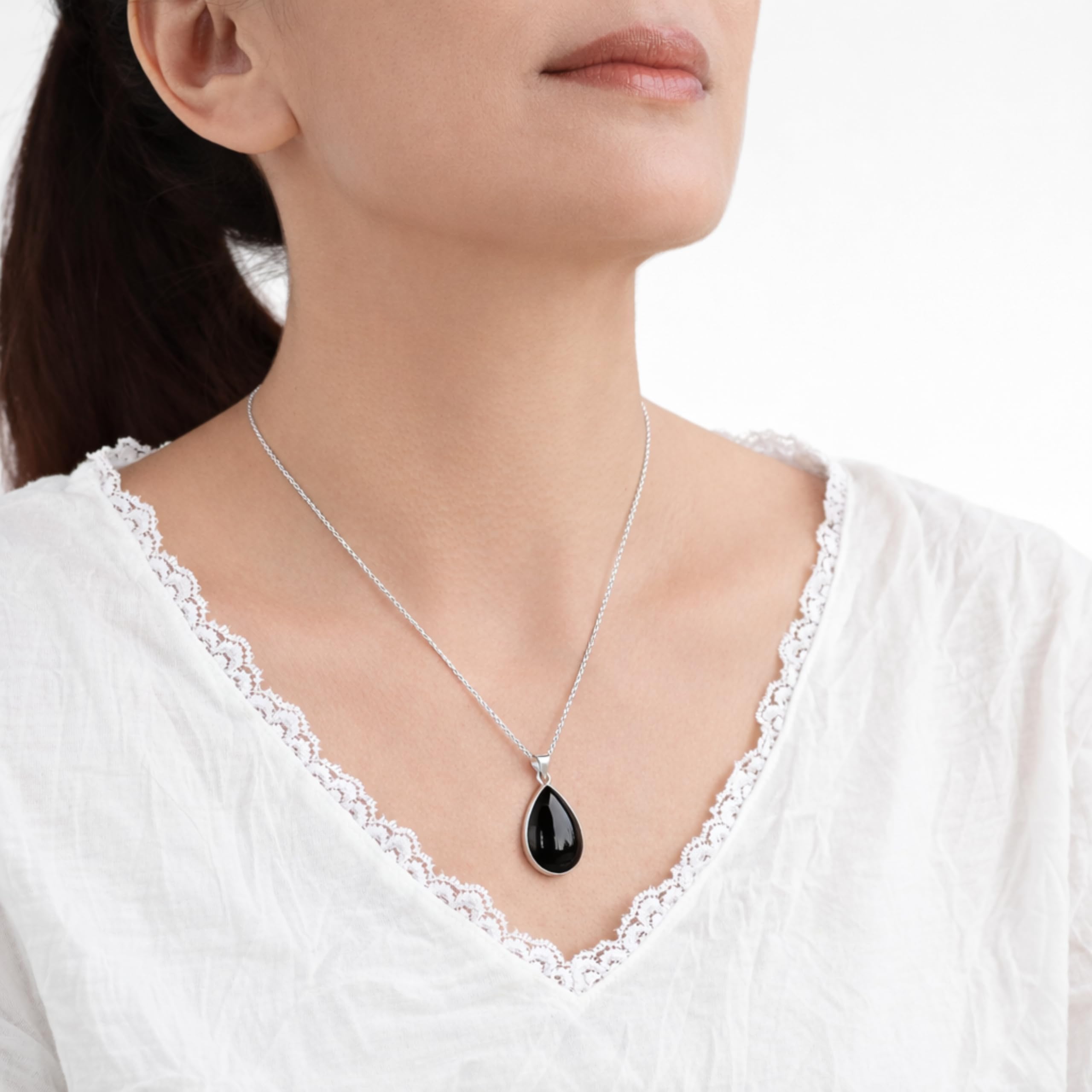 Handgefertigtes Sterling Silber 925 Schwarzer Onyx Tropfenförmiger Anhänger 18x25mm Halskette mit 45+5cm Kette