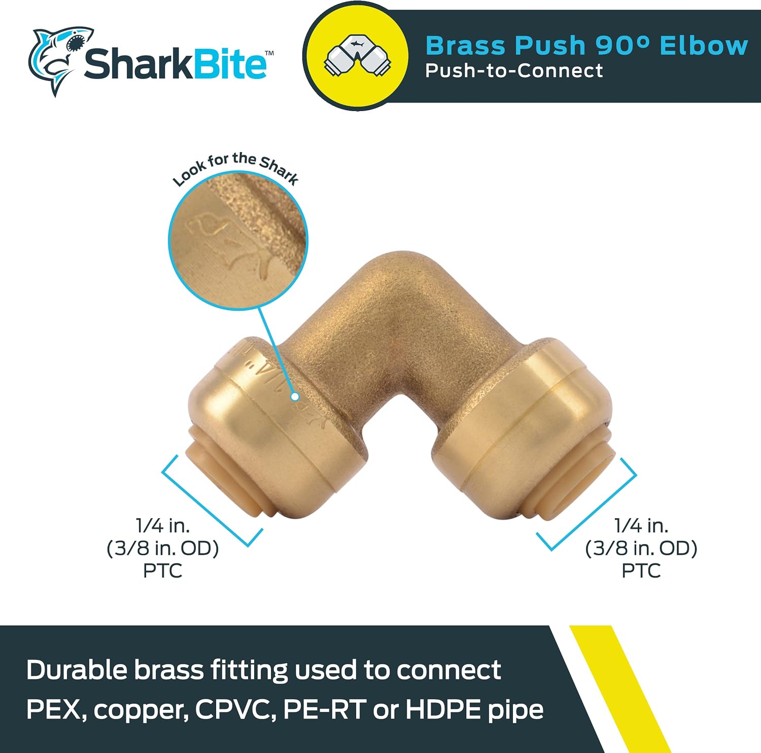 SharkBite 1/4 Inch (3/8 Inch OD) 90 Degree Elbow, Push to Connect Brass Fitting, PEX Pipe, Copper, CPVC, PE-RT, HDPE, U244LFA