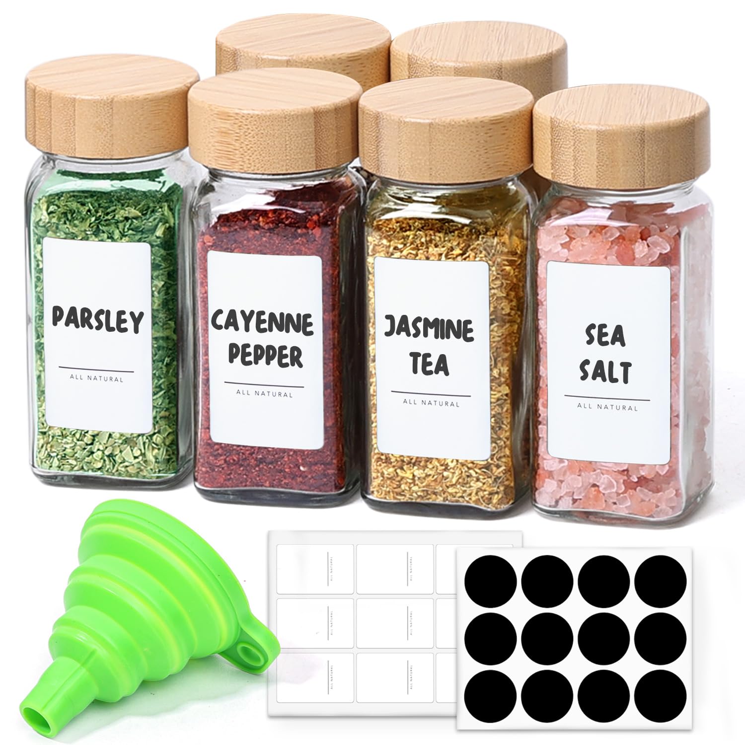 ComSaf Glass Spice Jars with Labels, 4 oz, 6 Pack, Small Bamboo Lids