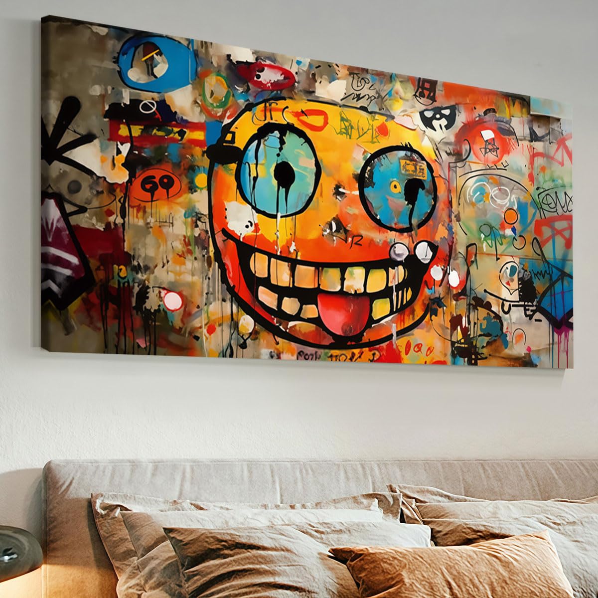 Abstrakcyjny nowoczesny obraz dekoracyjny z wesołą twarzą i kolorowym graffiti na ścianę (60 x 120 cm / z ramą)