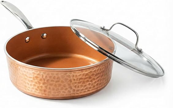 GOTHAM STEEL 4 Qt Saute Pan with Lid, Large Nonstick Skillet for Cooking, 12 Hammered Deep Frying Pan, Family Sized Pans, Ceramic Coating for Sauce, Induction Ready Oven & Dishwasher Safe, Non Toxic