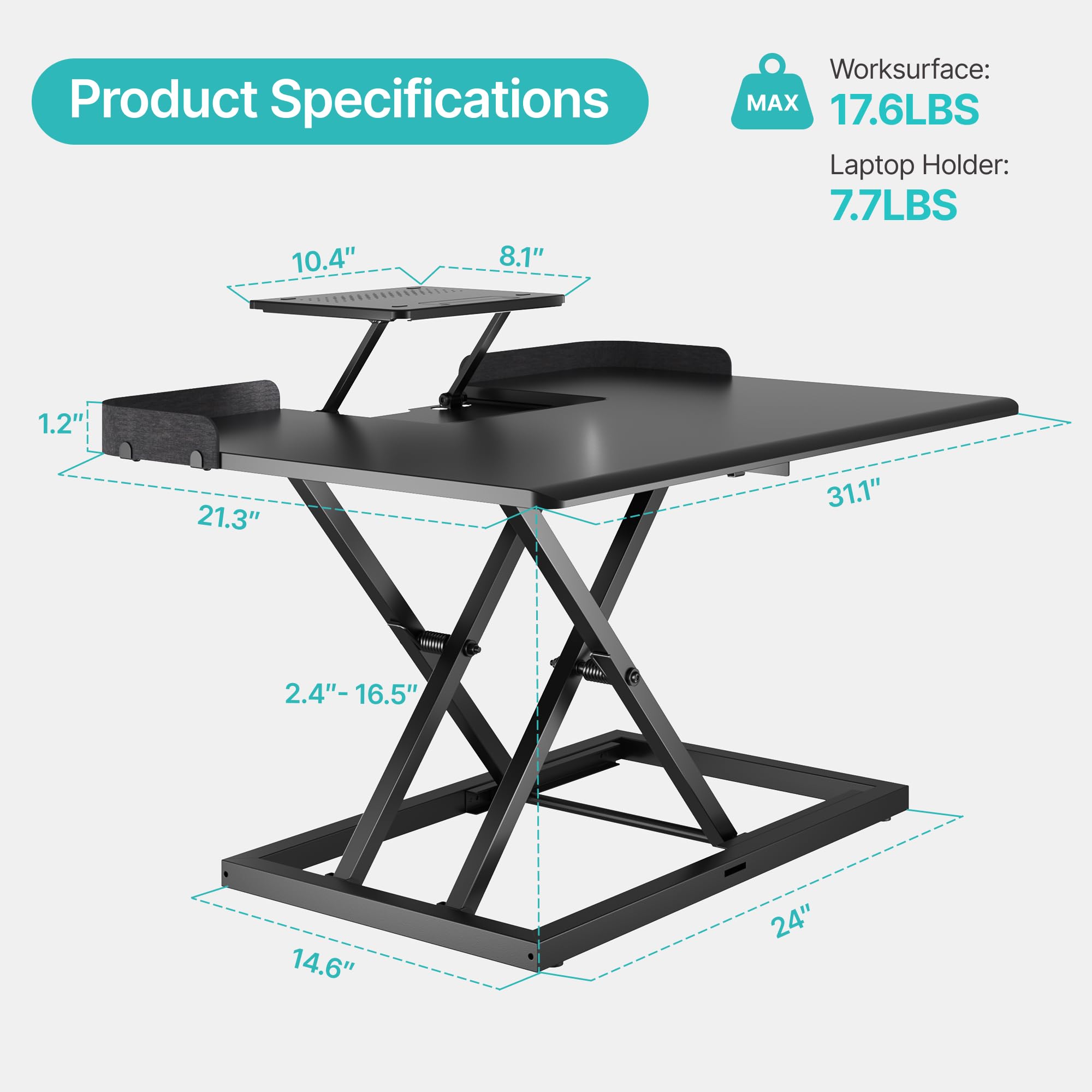 PEGZONE Bureau Assis Debout 79x54cm réglable en Hauteur, Charge Jusqu’à 8kg