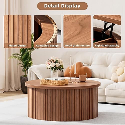 Miniatura 4 de Mesa de Centro de Tapa Elevable Acanalada con Almacenamiento Oculto, Mesa de Centro Redonda de 31.6 Pulgadas para Sala de Estar, Mesas Centrales