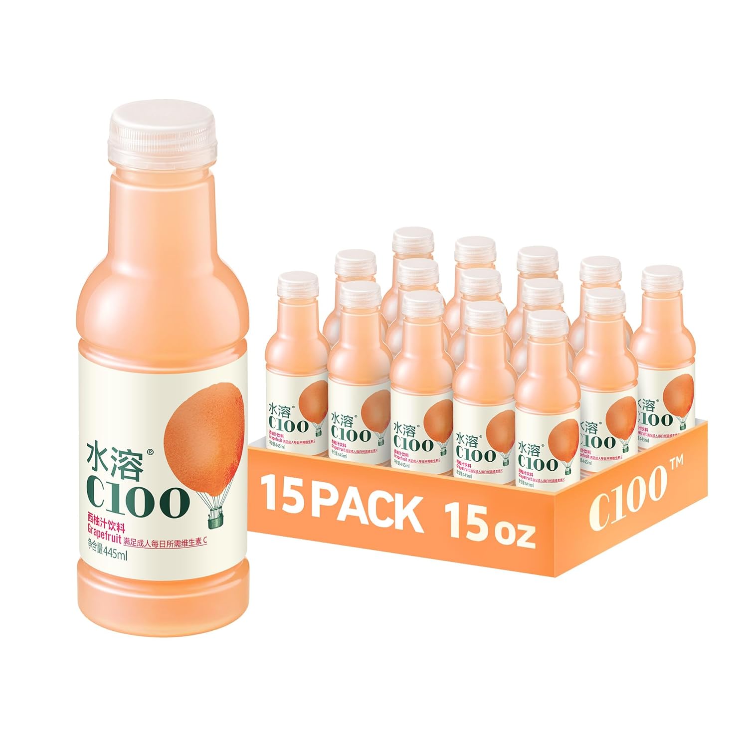 C100 Grapefruit Flavored Composite Juice Drink,100mg Vitamin C Per Bottle, 12% Real Fruit Juice, -15 fl oz, 445mL, 15 Pack