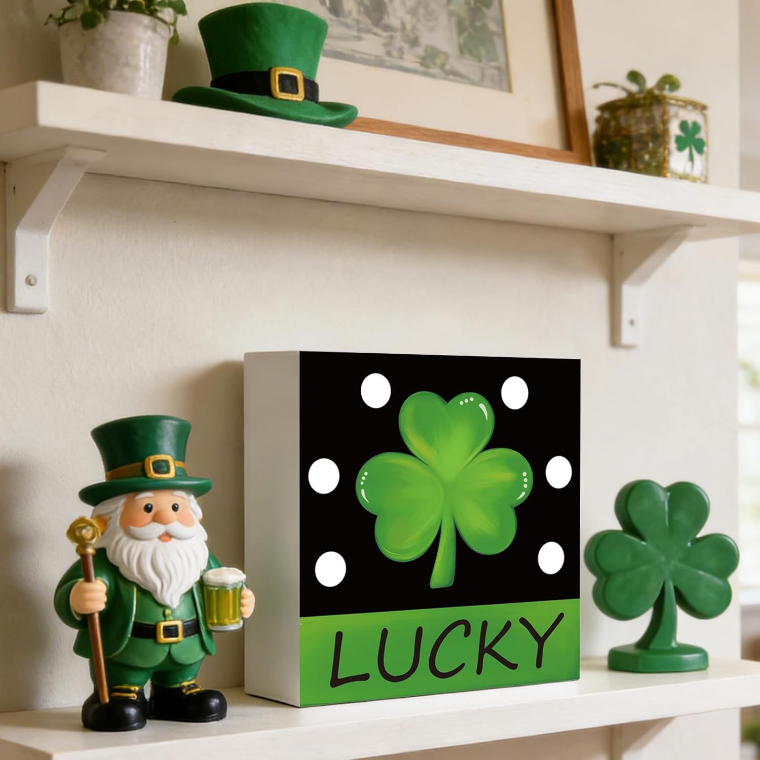St Patricks Day Decorations St Patricks Day Decor Indoor Table Shamrock Lucky Rustic Home Room Office Bathroom Wood Box Sign Wooden Shelf Desk Decor Season Sign House Warming Gifts 5.9 x 5.9 Inch