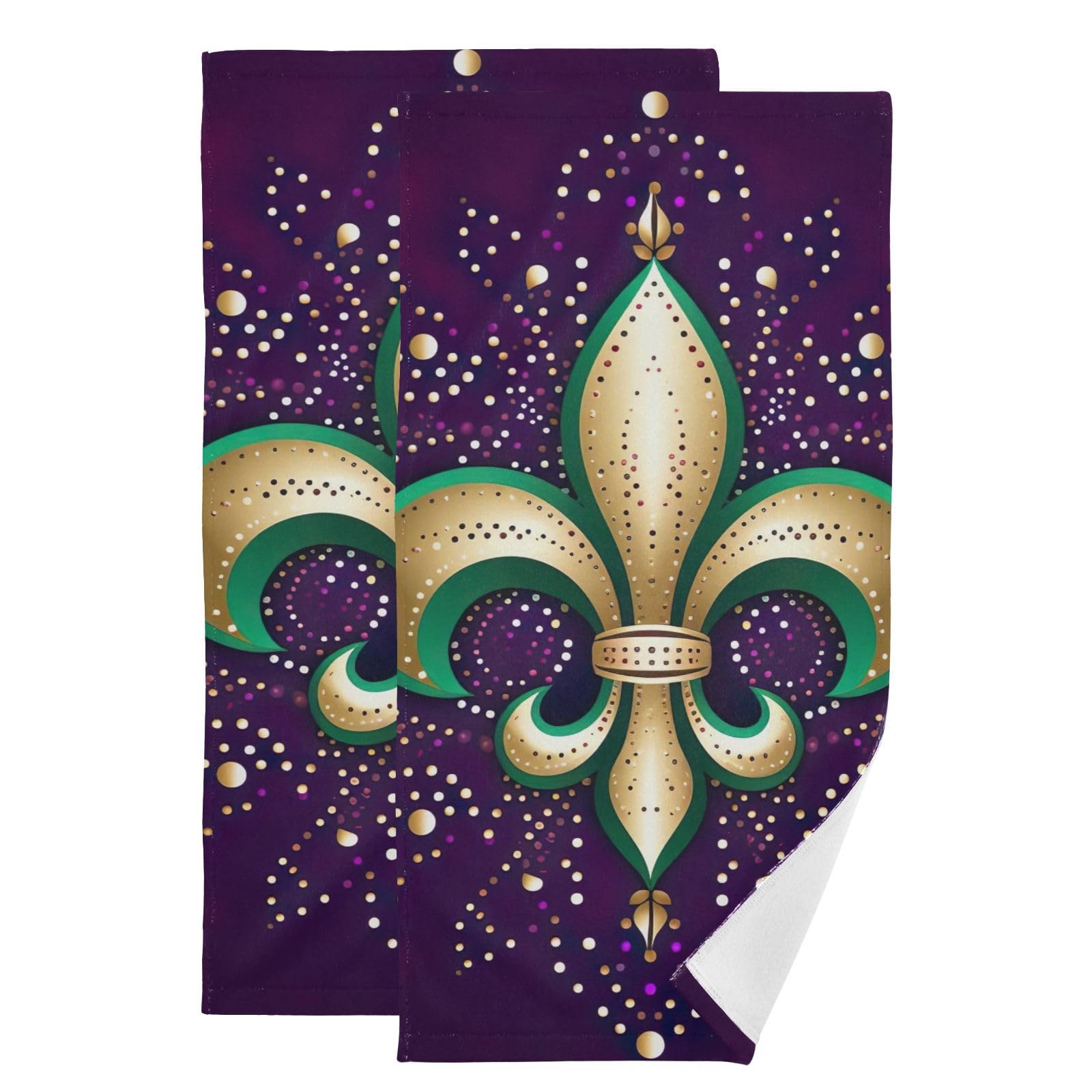 Mardi Gras Holiday Fleur De Lis Symbols Hand Towels for Bathroom 2 Pack Bath Towel Soft Bathroom Towel Kitchen Towel for Home Hotel Gym Spa Shower Decorative 14x28 Inch