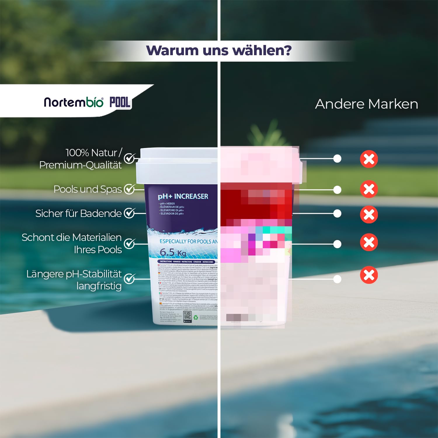 Nortembio pH Plus Pool 6,5kg - pH Heber für Whirlpool & Schwimmbad - pH+ 100% Naturrein - Schnelle Wirkung für Kristallklares Wasser + eBook Profi-Tipps