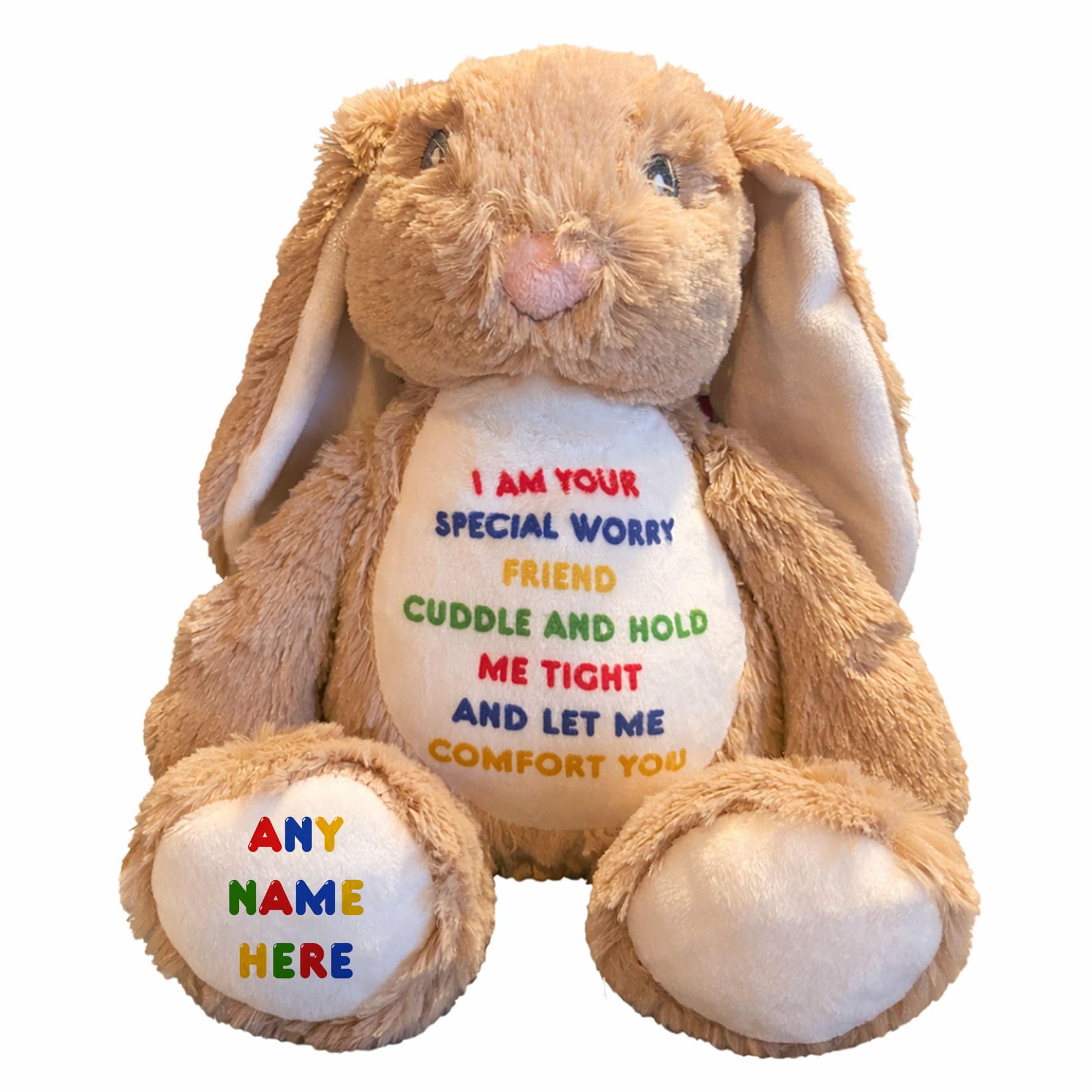 Silly Dog Designs- Personalised Worry Friend Bunny Plush Toy-Custom Name Soft Comfort Bunny-Anxiety & Emotional Support Teddy for Children - Cute Comfort Bunny Keepsake Gift Brown Personalised (Worry)