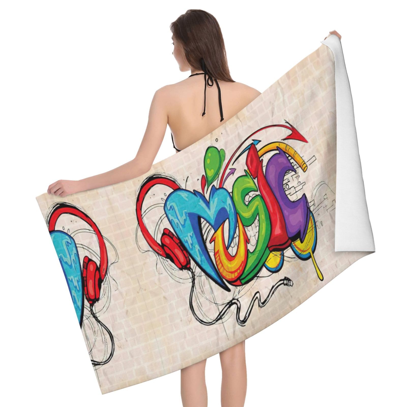 Serviette de bain microfibre absorbante imprimée graffiti musical grand format