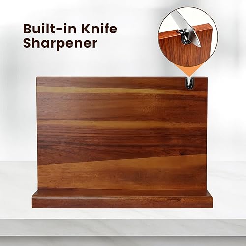 Miniatura 5 de Bloque magnético para cuchillos de madera de acacia natural, soporte de cuchillos con tira magnética que ahorra espacio para cuchillos de cocina,