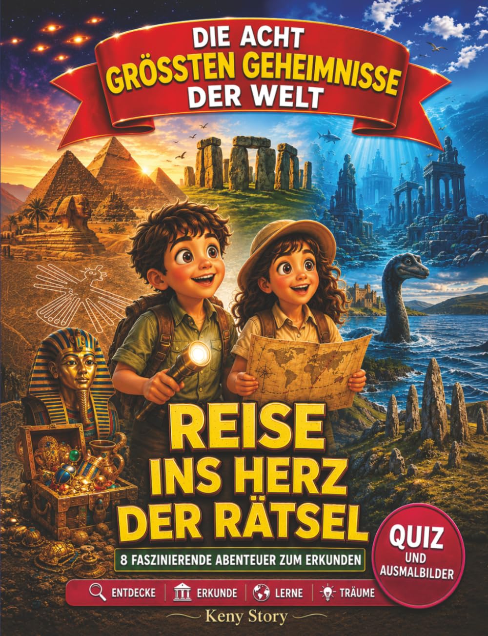 Die 8 größten Rätsel der Welt: Die wahre Geschichte hinter dem Geheimnis: Pyramiden von Ägypten, Stonehenge, Atlantis, Nazca-Linien, Loch Ness, UFOs, ... Quiz und Ausmalbilder für Kinder