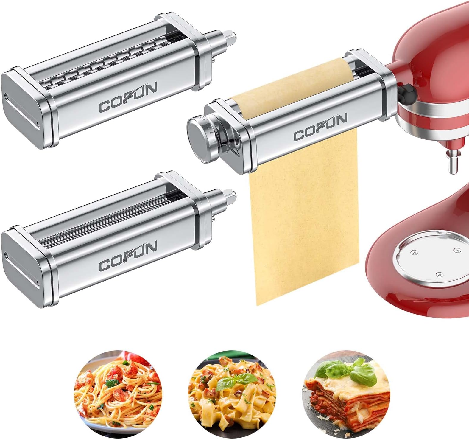 Cofun 3PCS Pasta Attachment for KitchenAid Stand Mixer, 8 Thickness Settings Stainless Steel Pasta Maker with Sheet Roller, Spaghetti & Fettuccine Cutter, Pasta Maker for Kitchenaid Mixer Attachments