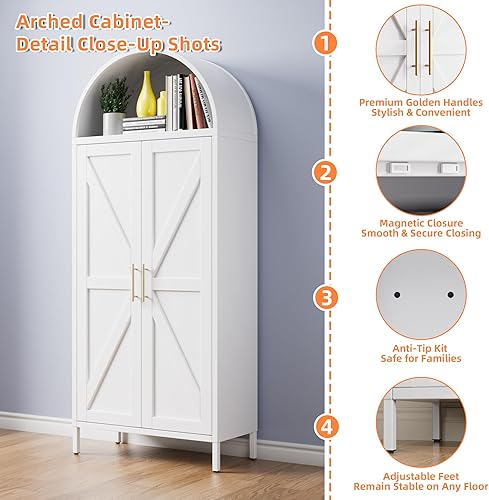 Miniatura 9 de Armario de despensa de cocina con arco de metal con 4 estantes ajustables, armario arqueado de granja con 2 puertas para cocina, dormitorio, sala de