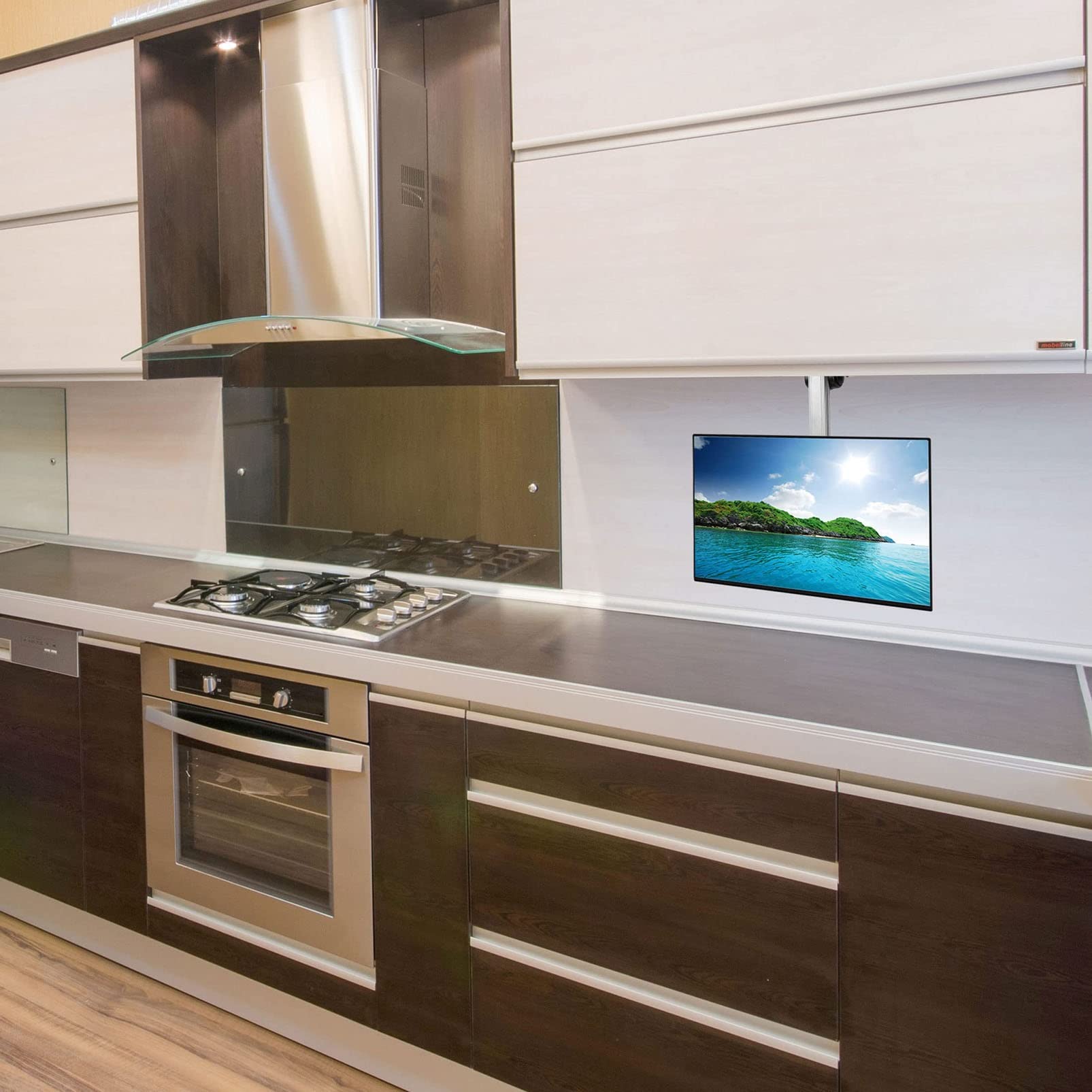 Staffa di Montaggio per TV E Monitor Pieghevole - Montaggio Regolabile sul Soffitto della Cucina E sotto Il Mobile, per Schermi Piatti da 17" A 37"