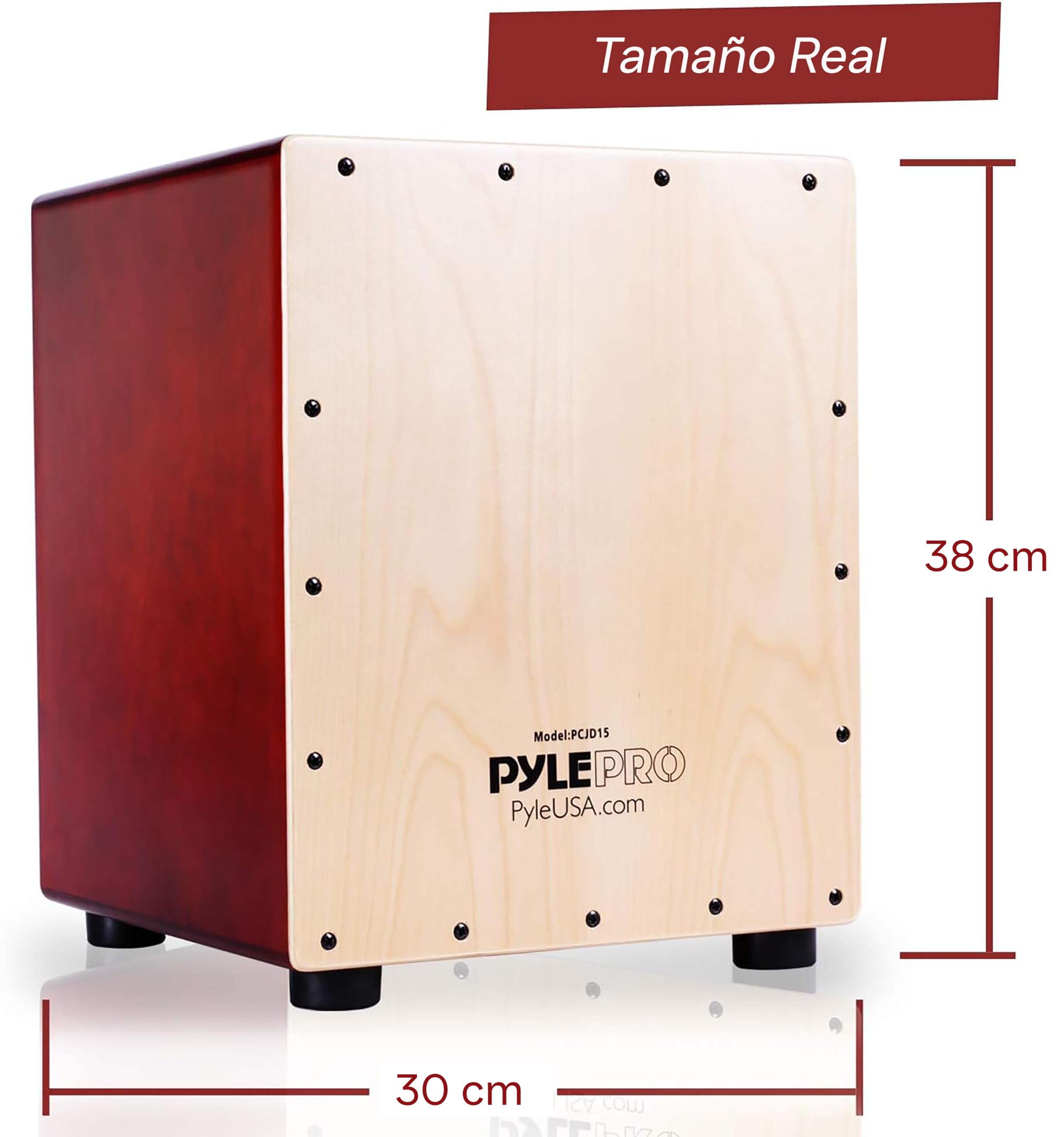 Pyle Cajón de Percusión, Caja Acústica de Madera de Abedul, Cuerdas de Guitarra Ajustables, Sonido Profesional, Compacto 30x30x38 cm, Patas Antivibración, Ligero 5kg, Ideal para Todas las Edades