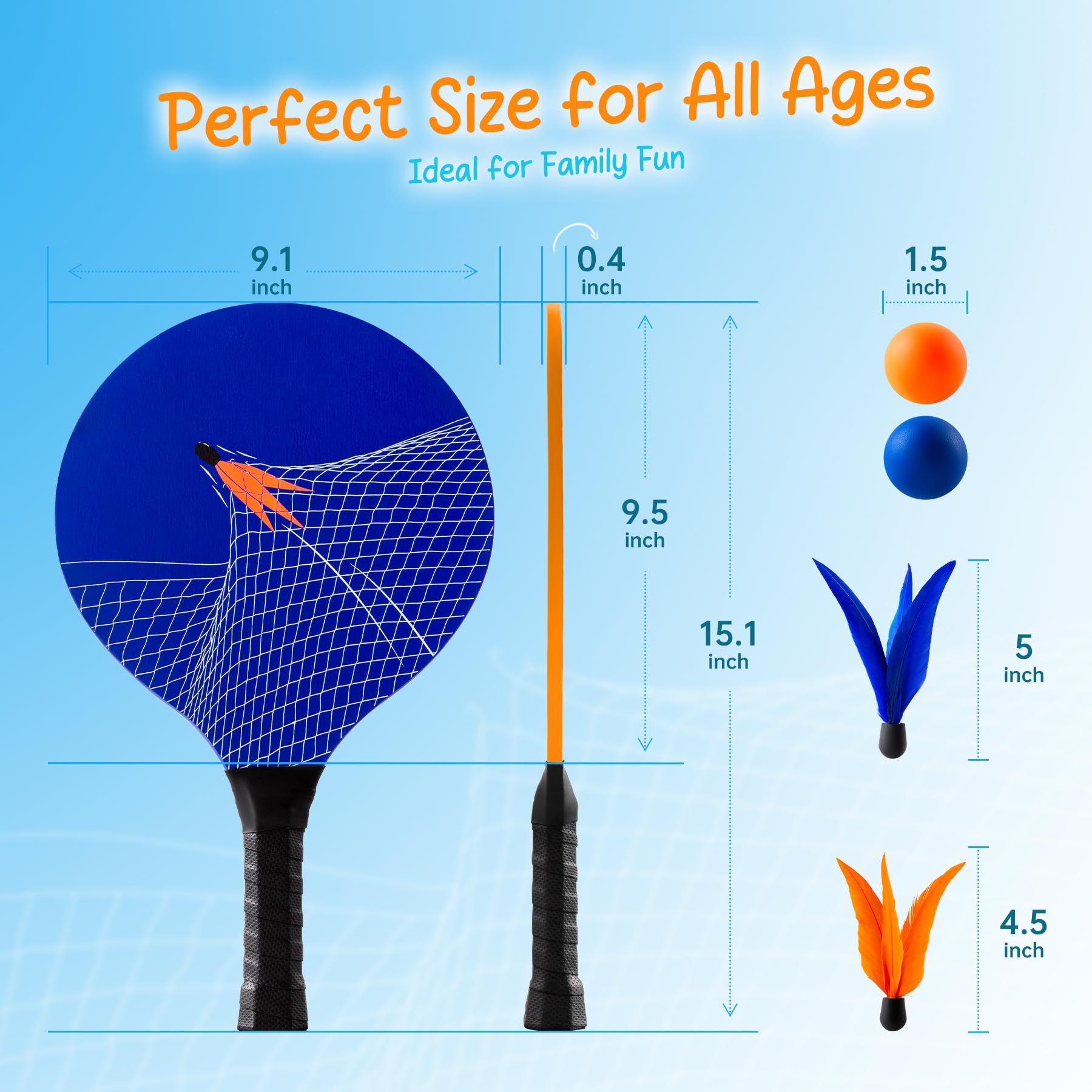 U&C Planet Beachball Set Paddle Ball Game Wooden Beach Bat Set Racket Game for Children&Family 2 Paddles 2 Balls and 2 Birdies Toys for Garden Beach Party - Image 4