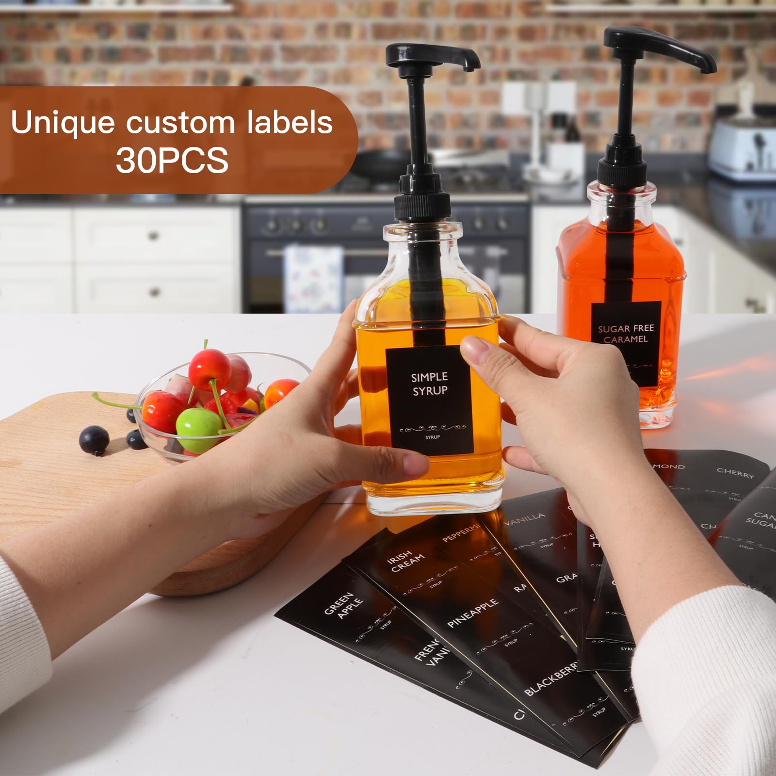 STARSIDE Dispensador de jarabe de café de 16 onzas, 2 botellas de jarabe de vidrio transparente con bomba de capacidad de 1/4 onzas, dispensador de jarabe para barra de café con bomba de plástico y