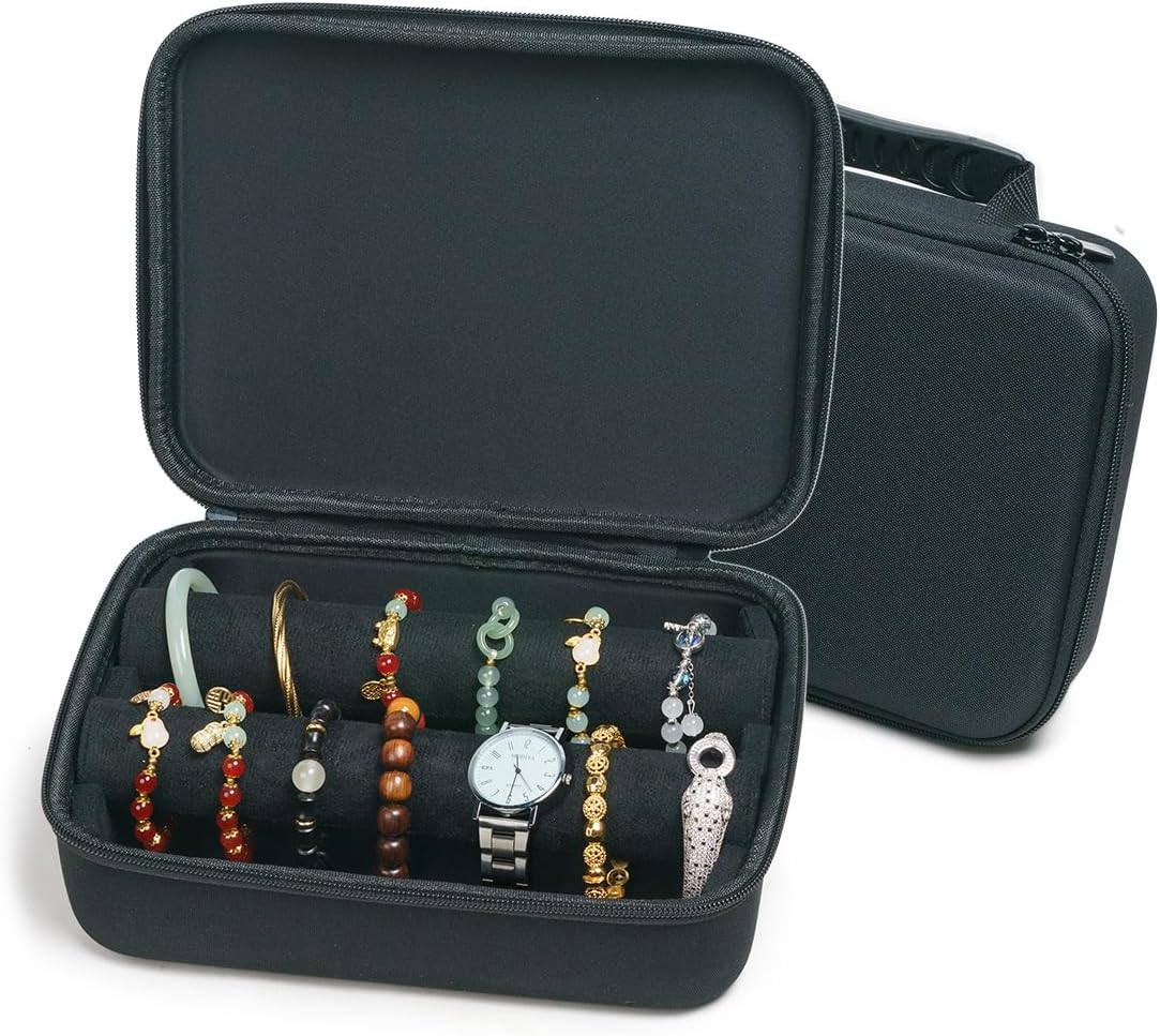 Portable Travel Jewelry Box Bracelet Display Holder with 2Rods for Watch Bangle Jewelry Organizer Storage Bag Women Men Black