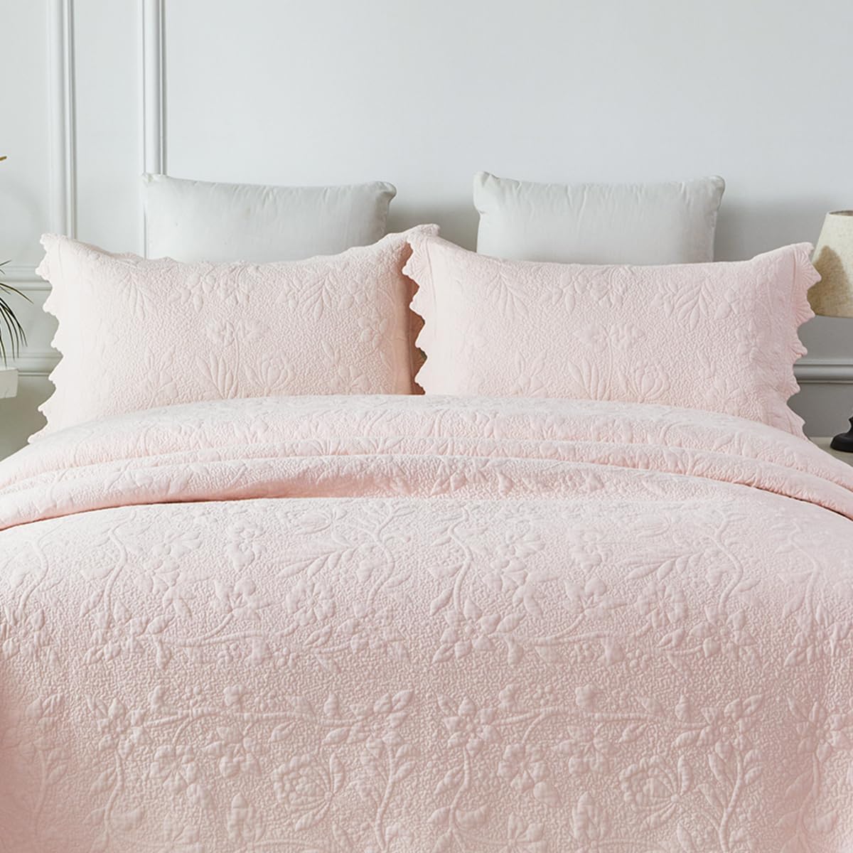 Brandream Cottage Floral Cotton Pillow Shams Set of 2 King Size - Pink Quilted Shams with Scalloped Edge, Romantic Farmhouse Decorative Pillow Covers