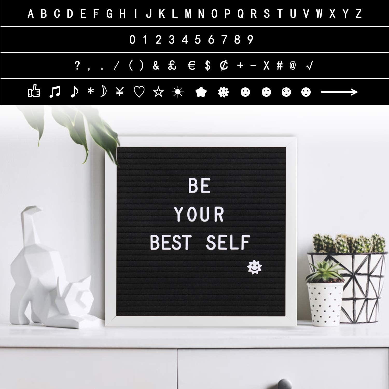 Changeable Letter Board 10x10 inches, Message Sign Board with Canvas Bag, Adjustable Stand,Wall Mount and 340 Letters, Numbers & Symbols (White) : Office Products