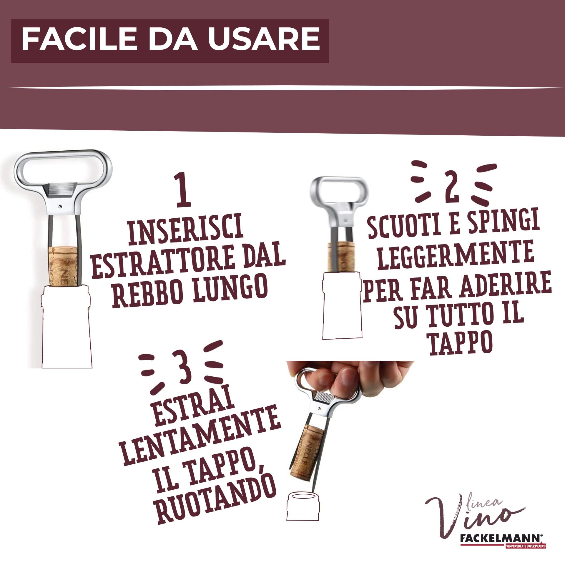 Fackelmann Cavatappi Estrattore di Sughero Professionale, Apribottiglie a due punte, materiale resistente in lega di zinco e ABS, dimensioni 11 x 5 cm